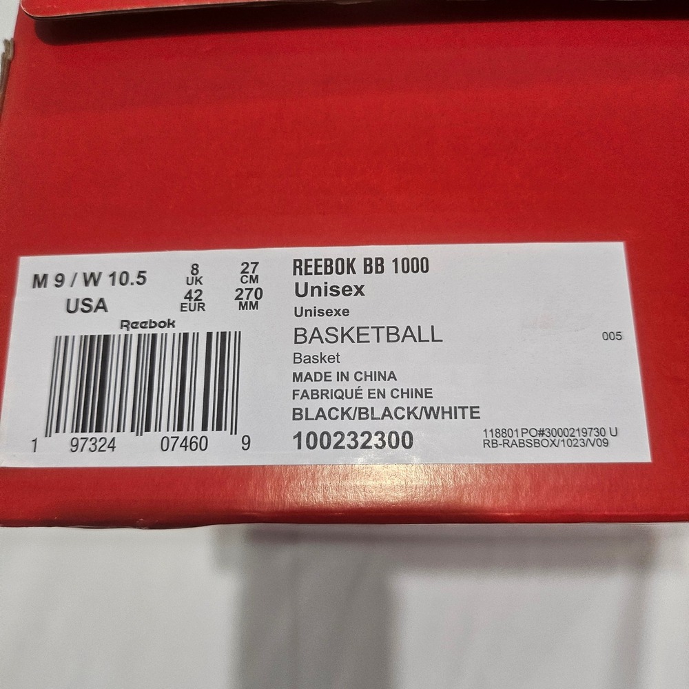 Reebok BB 1000 Unisex Basketball Sneakers Black White Gum Mens 9 W 10.5 NWT - Picture 8 of 8